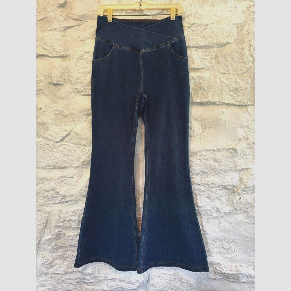 NWT Halara Pull On Flare Jeans Crossover Waist Stretch Denim Pants L Dark Wash